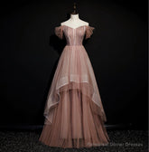Dark Pink Tulle Beaded Layer Tulle Long Evening Dress, Charming Prom Dress